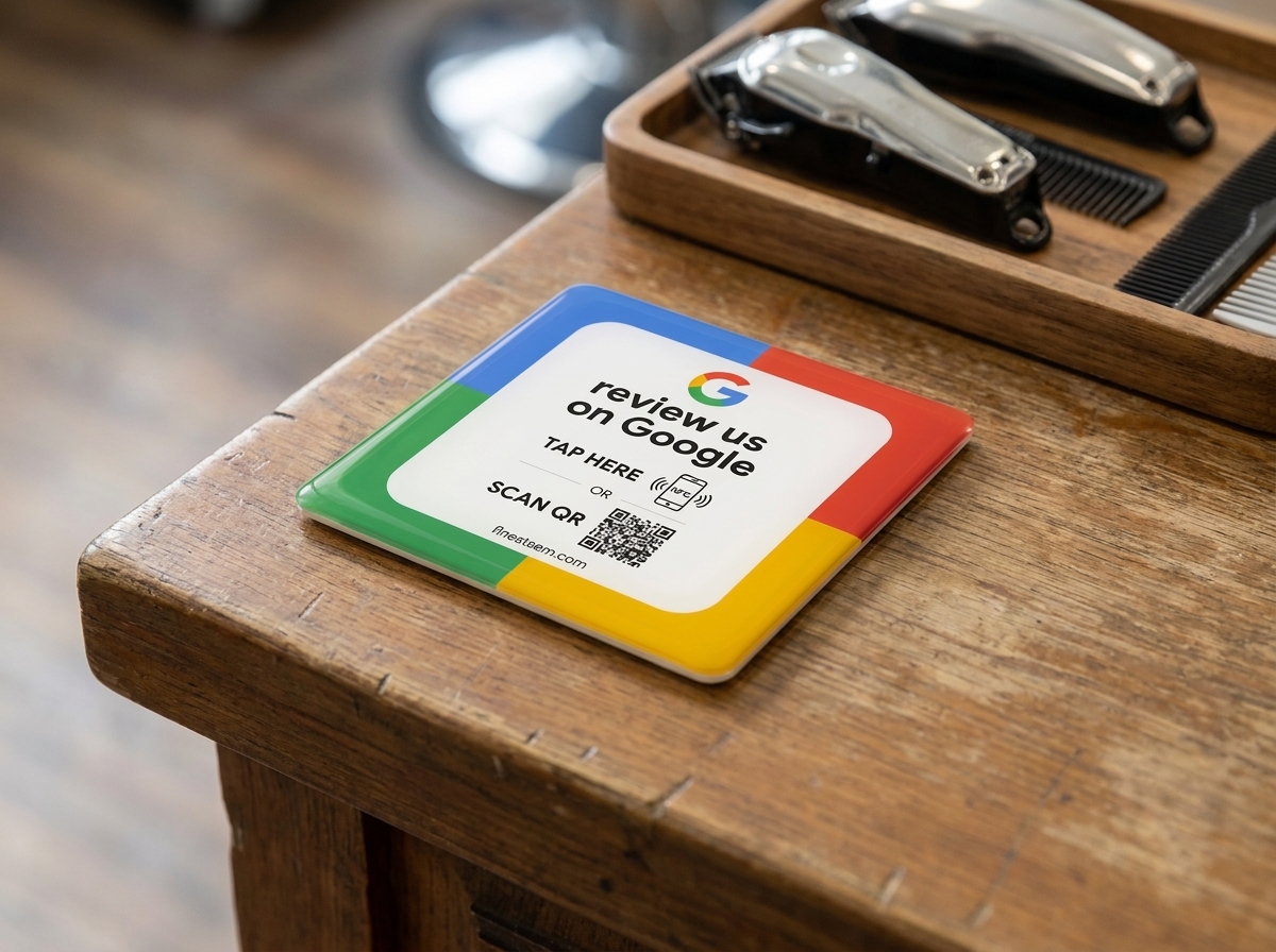 A Google review plate lying flat on a timber barbershop desk beside a tray of clippers and combs