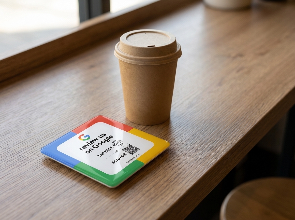 A Google review plate with blue, red, green and yellow border lying flat on a timber cafe counter beside a lidded takeaway cup, empty space to the right