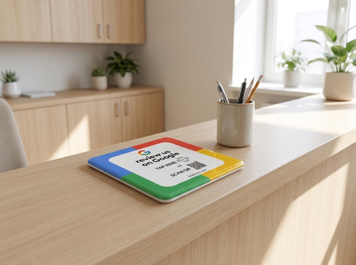 A Google review plate lying flat on a light timber clinic reception counter beside a pen cup in bright daylight