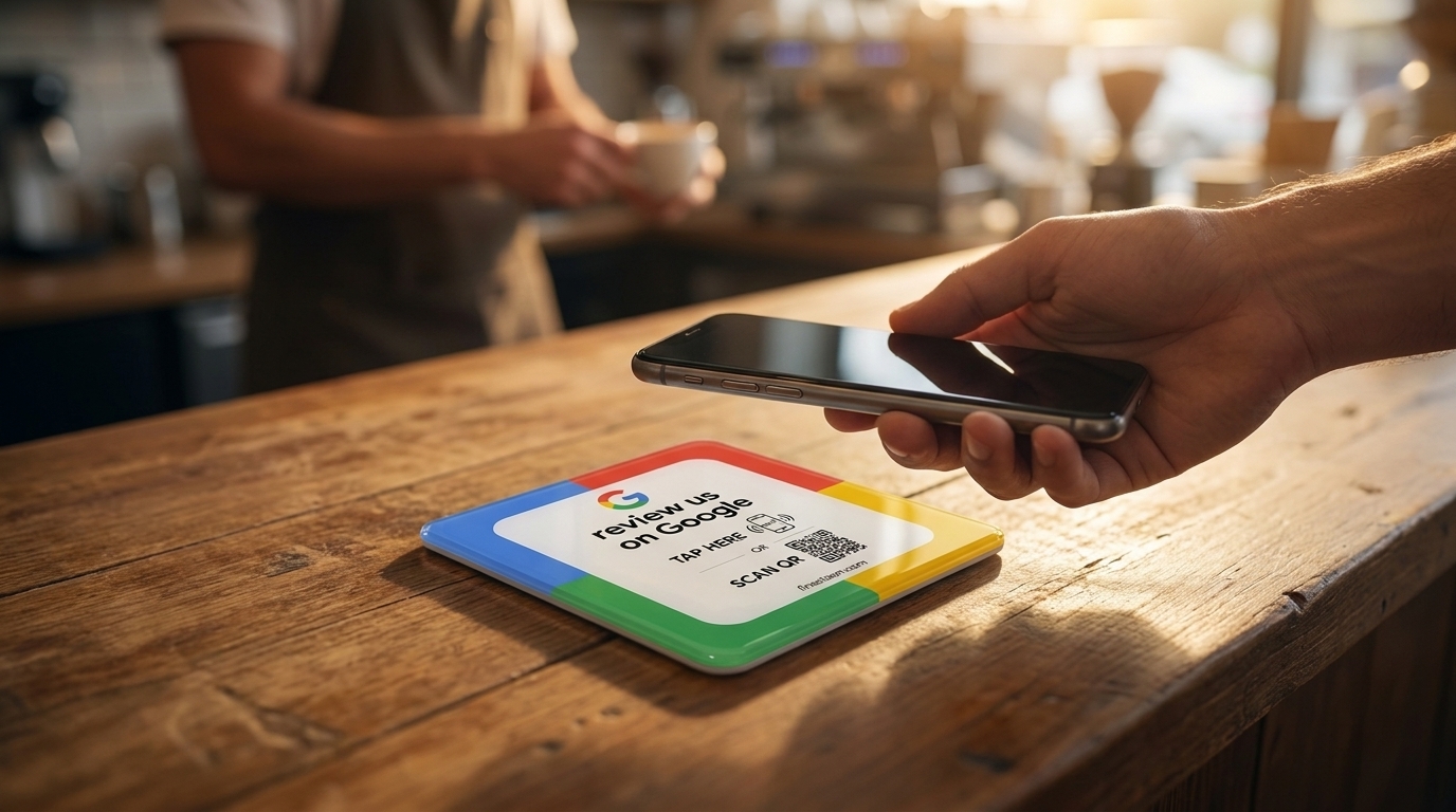 A customer holds a phone just above a flat Google review plate on a timber cafe counter, tapping to leave a review, barista blurred behind