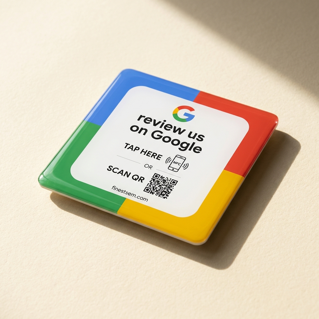 A square Google review plate with softly rounded corners and a glossy domed epoxy finish, four blue, red, green and yellow quadrants around a white panel with the Google G, tap-here NFC icon and scan-QR code, lying flat on a cream paper surface