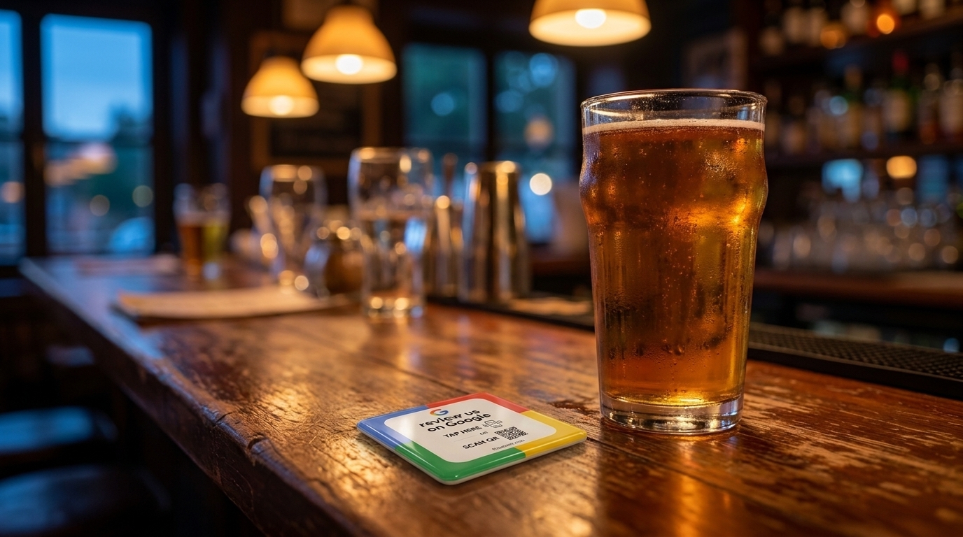 A small Google review plate lying flat on a restaurant bar top at dusk beside a pint of beer, warm pendant lights and glassware blurred behind