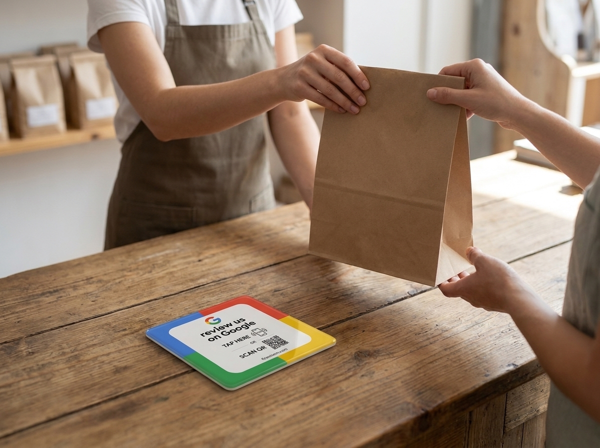 A shopkeeper passes a paper bag across a timber boutique counter with a Google review plate lying flat on the counter