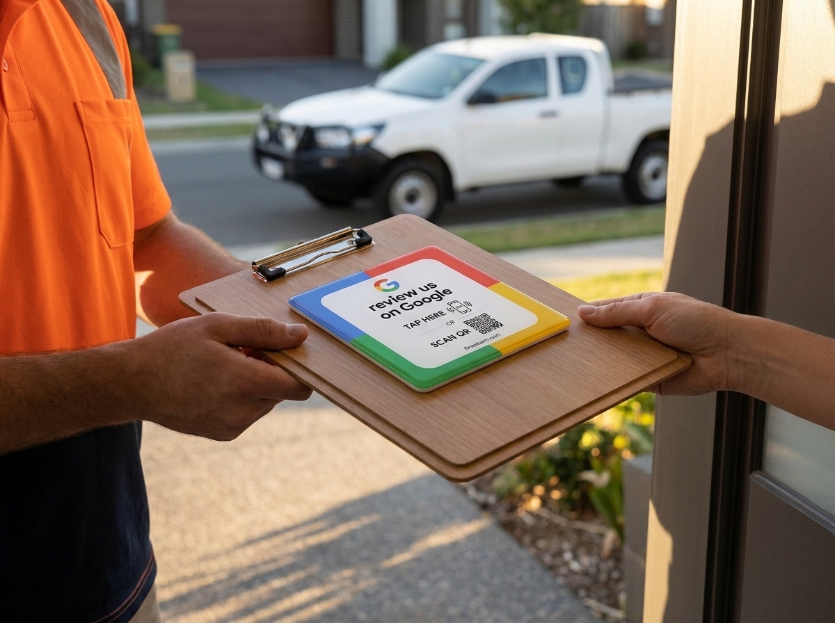 A tradesperson in a hi-vis shirt hands a clipboard with a Google review plate resting on it to a homeowner at the front door, ute blurred behind